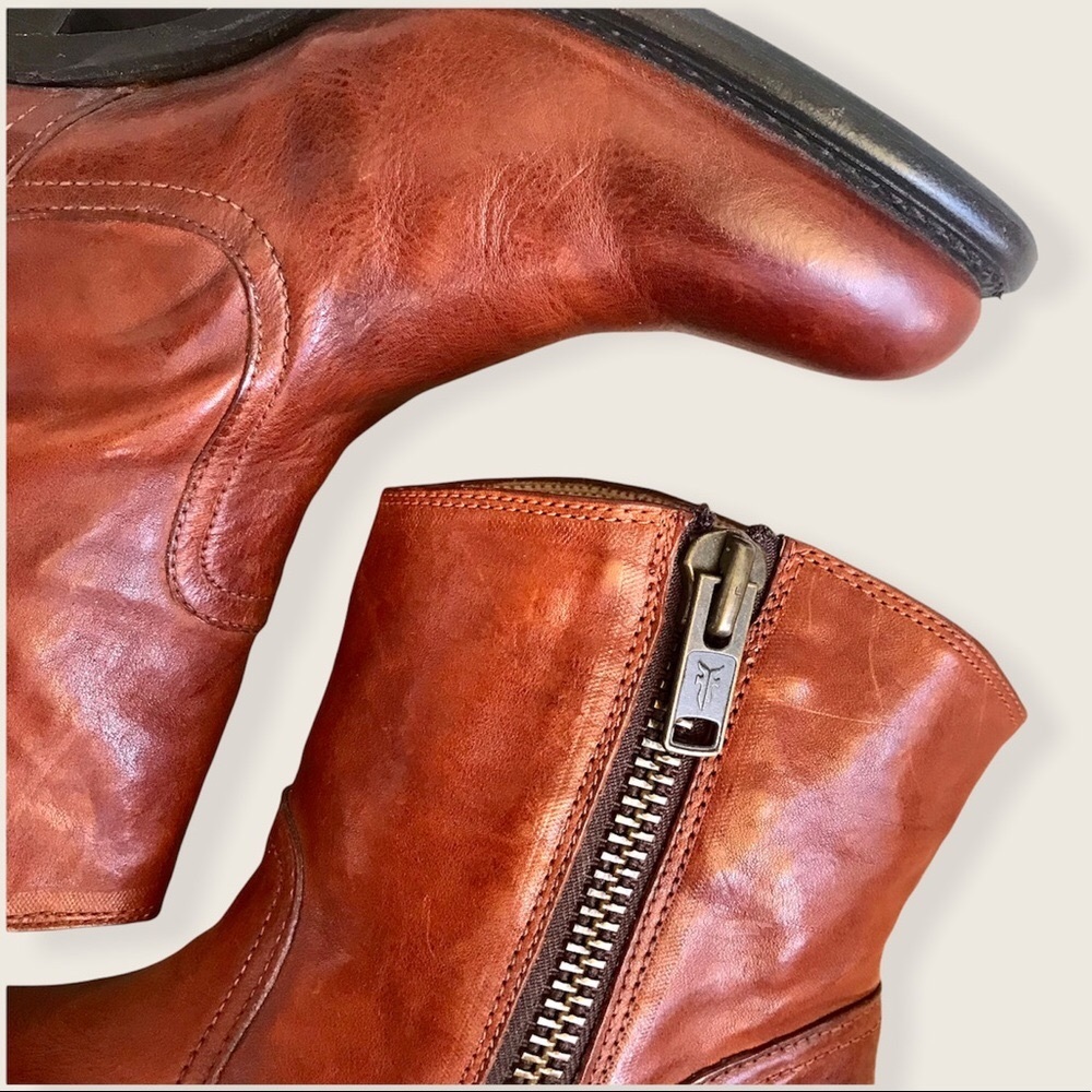 Frye Leslie Zip Cognac Genuine Leather Fall/Winter/Spring Heeled Ankle Booties - Picture 12 of 14